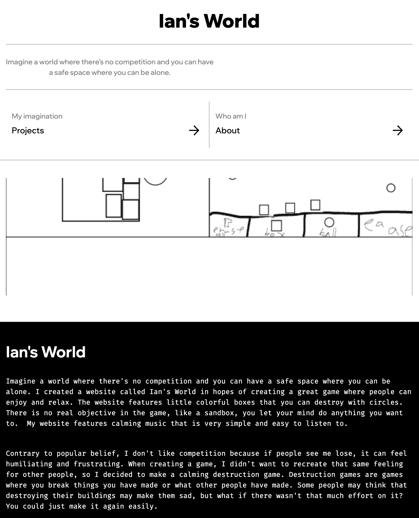 Ian’s World homepage, game preview and the story behind its relaxing sandbox experience